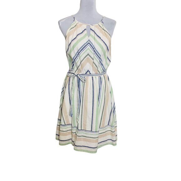 Miami Ivory Striped Halter Dress Size L Belted Linen Blend Cruise Vacation - Picture 9 of 16